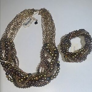 Alfani Gold and Bronze Multi-Strand Beaded Necklace with Matching Bracelet